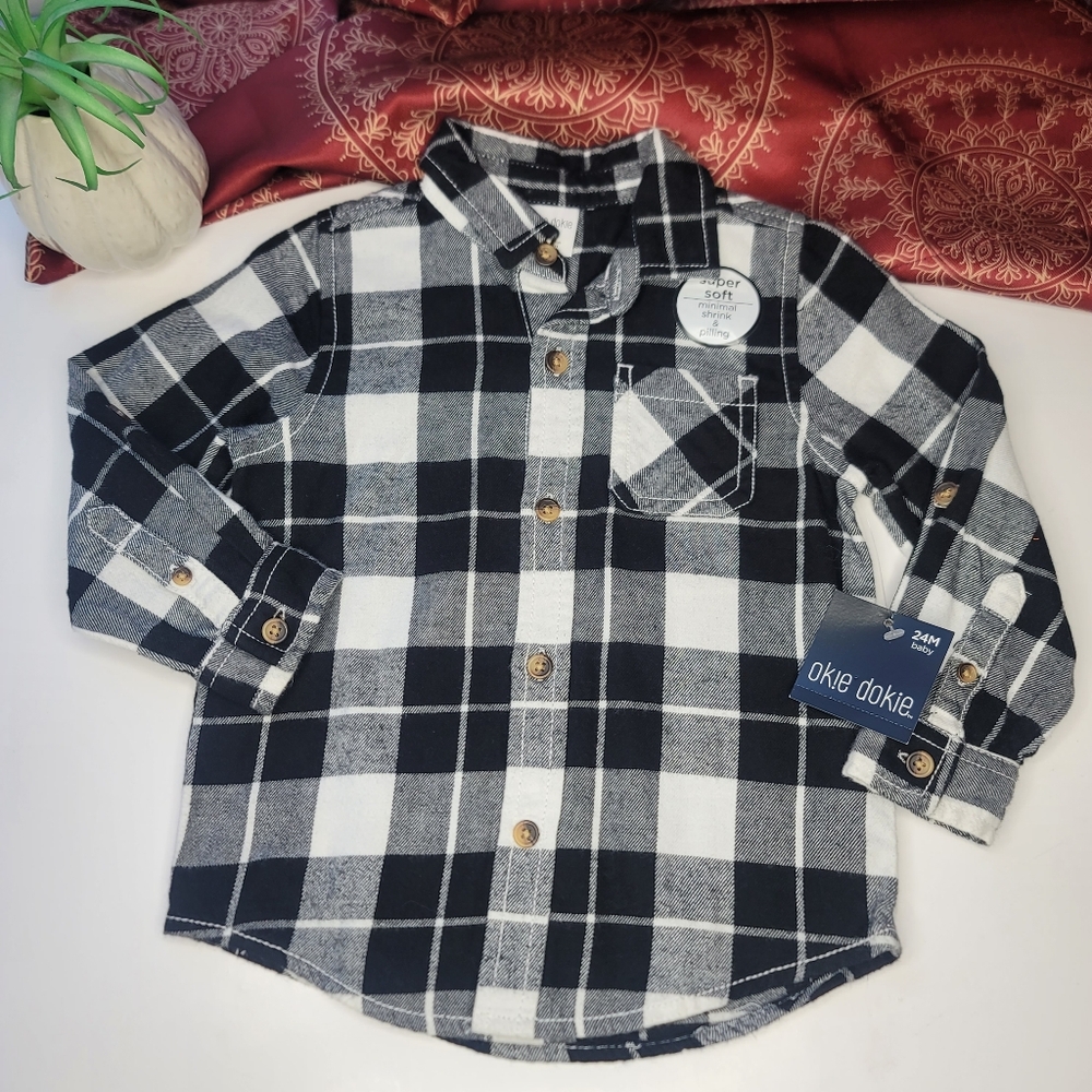 Okie Dokie Flannel Shirt Black White Plaid 24 Months NWT
